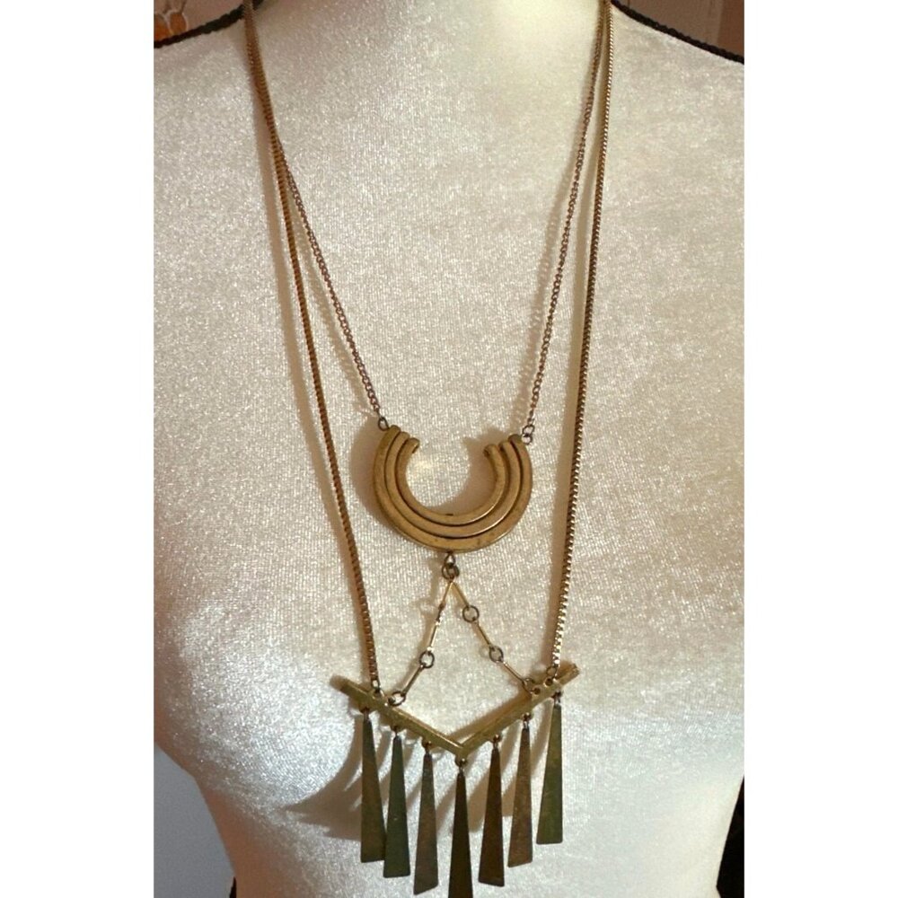 Long Crescent Dangle Retro Statement Necklace Vintage Gold Tone